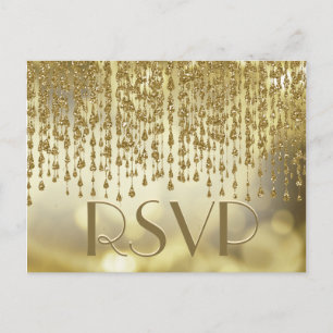 Cartão Postal De Convite RSVP Fluxos Confetti Dourados com Fundo Bokeh