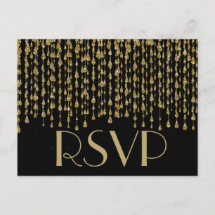 Cartão Postal De Convite RSVP   Fluxos de Confetti Dourados com Fundo Preto