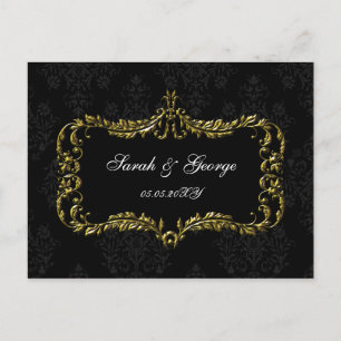 Cartão Postal De Convite rsvp negro e damasco dourado floral