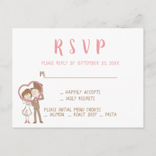 Cartão Postal De Convite RSVP Noiva e Noivo Cartoon Rosa e Marrom Casamento