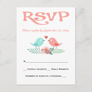 Cartão Postal De Convite RSVP Pássaros do Amor Rosa e Azul Festa de Casamen