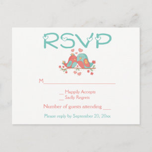Cartão Postal De Convite RSVP Pombinhos Rosa Azul Verde Turquesa Casamento
