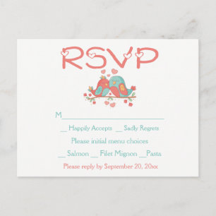 Cartão Postal De Convite RSVP Pombinhos Rosa Azul Verde Turquesa Casamento