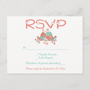 Cartão Postal De Convite RSVP Pombinhos Rosa Azul Verde Turquesa Casamento