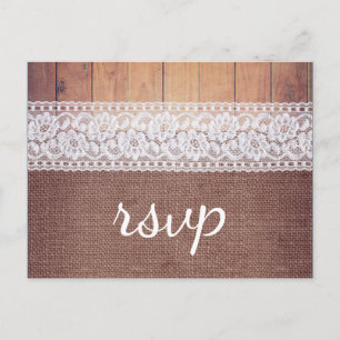 Cartão Postal De Convite RSVP Rustic Burlap Lace & Wood
