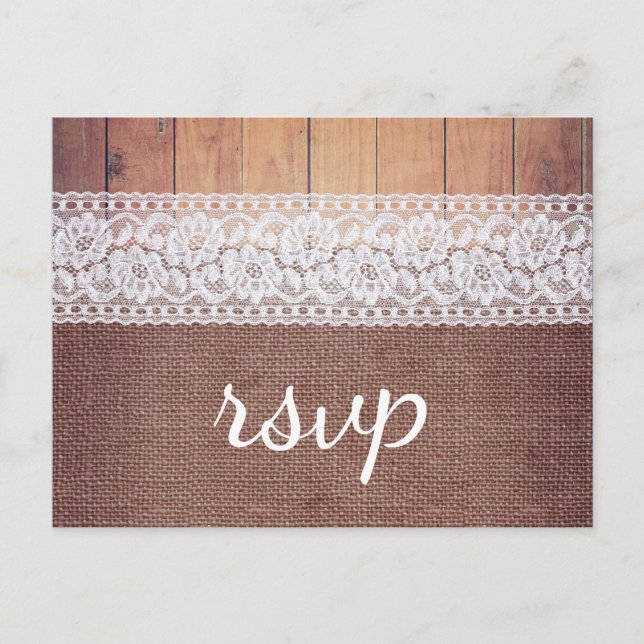 Cartão Postal De Convite RSVP Rustic Burlap Lace & Wood (Frente)
