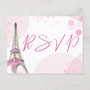 Cartão Postal De Convite RSVP Torre Eiffel Paris Rosa Branco Doze Anos