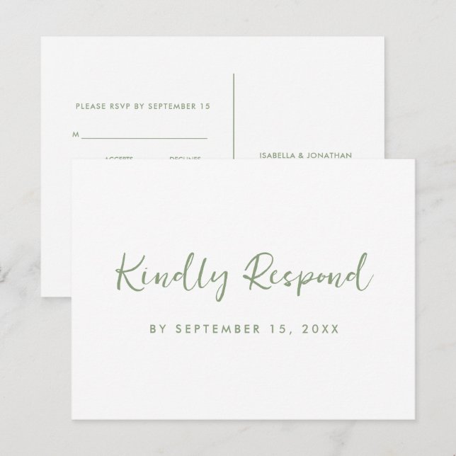 Cartão Postal De Convite Rsvp Verde e Branco com opção de média de script (Frente/Verso)