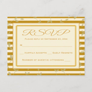 Cartão Postal De Convite RSVP Vintage Dourado e Listra Branca Folha Floral