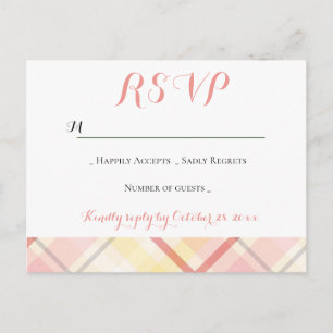 Cartão Postal De Convite RSVP Xadrez Listrado Rosa Amarelo Festa de Casamen