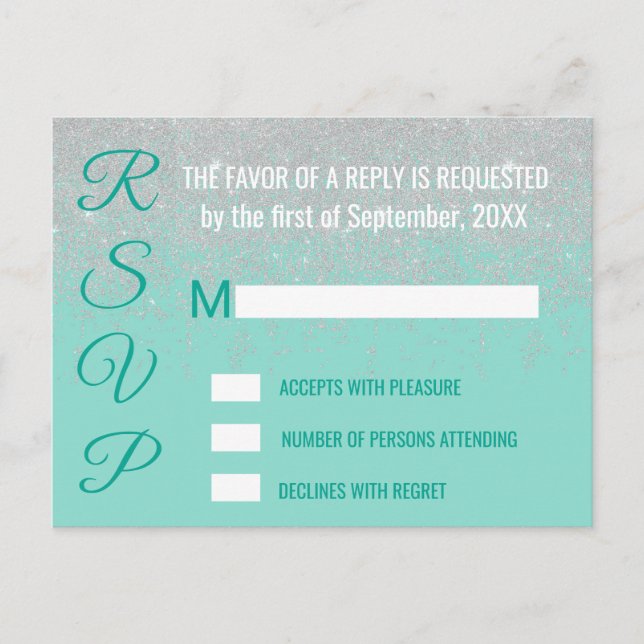 Cartão Postal De Convite RSVPs de Teal Glitter Brancos (Frente)