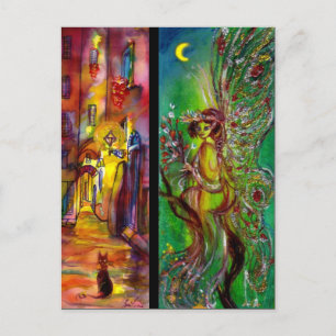 Cartão Postal De Convite Rua à noite e Fada Verde