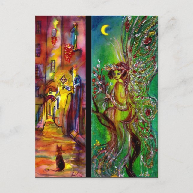 Cartão Postal De Convite Rua na noite e Fada Verde (Frente)