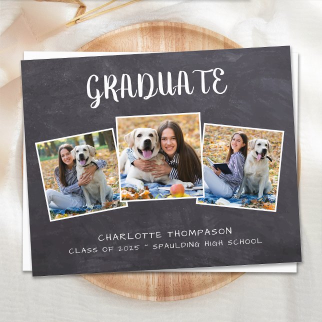 Cartão Postal De Convite Rustic 3 Photo Chalkboard Graduation Invitation Po (Criador carregado)