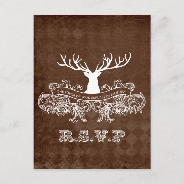 Cartão Postal De Convite Rustic Antler, Deer Winter Woodland rsvp (Frente)