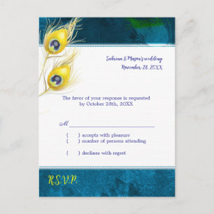 Cartão Postal De Convite Rustic Blue Peacock Wedding RSVP