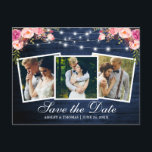 Cartão Postal De Convite Rustic Blue Wood Floral 3 Foto Salvar Data<br><div class="desc">Madeira azul russa e luzes de cordas 3 Fotografia Salvar O cartão postal de anúncio de Noivado de data inclui Floral de cor rosa-d-água</div>