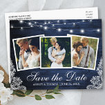 Cartão Postal De Convite Rustic Blue Wood Lights Lace 3 Foto Salvar Data<br><div class="desc">Luzes de corda de madeira azul rustica e Lace 3 Foto para salvar o cartão postal de lançamento do Noivado</div>