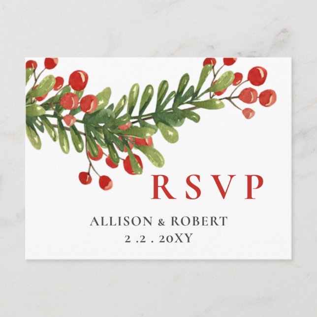 Cartão Postal De Convite Rustic Boughes of Holly Christmas Wedding RSVP (Frente)