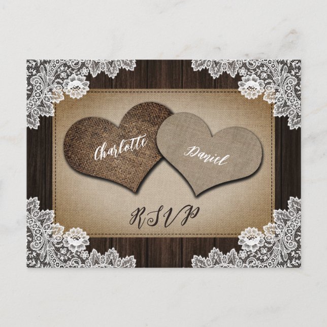 Cartão Postal De Convite Rustic Burlap Hearts RSVP Postcard Meal Choice (Frente)