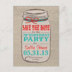 Cartão Postal De Convite Rustic Burlap & Mason Jar 70 Aniversário Convidar