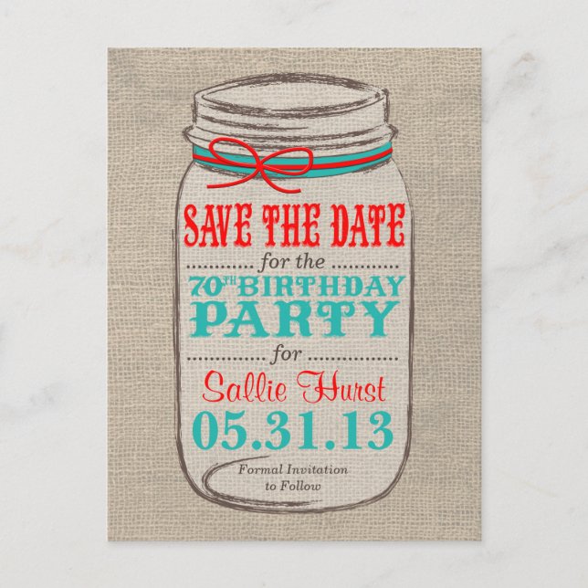 Cartão Postal De Convite Rustic Burlap & Mason Jar 70 Aniversário Convidar (Frente)