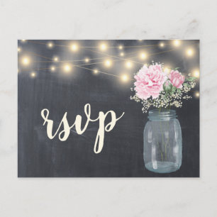 Cartão Postal De Convite Rustic Chalkboard Peony Floral Mason Jar   RSVP