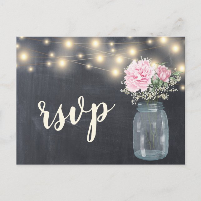 Cartão Postal De Convite Rustic Chalkboard Peony Floral Mason Jar | RSVP (Frente)