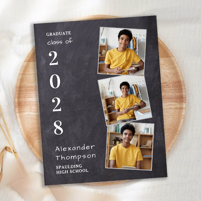 Cartão Postal De Convite Rustic Chalkboard Personalized 3 Photo Graduation (Criador carregado)