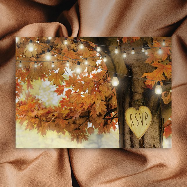 Cartão Postal De Convite Rustic Fall Autumn Tree Twinkle Light Weding RSVP (Criador carregado)