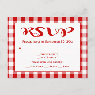 Cartão Postal De Convite Rustic Gingham RSVP Casamento Verificações Vermelh