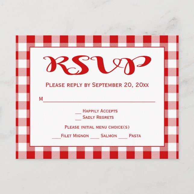 Cartão Postal De Convite Rustic Gingham RSVP Casamento Verificações Vermelh (Frente)