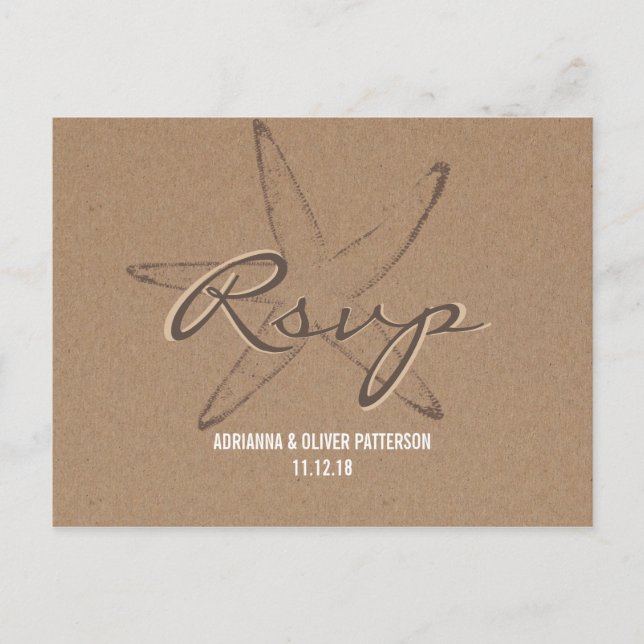 Cartão Postal De Convite Rustic Kraft Paper Starfish Náutico Casamento RSVP (Frente)
