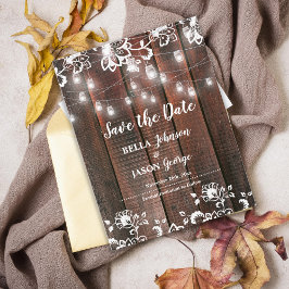 Cartão Postal De Convite Rustic Lace String Lights Wedding Save The Date