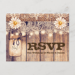 Cartão Postal De Convite Rustic Lighted Mason Jars Daisies & Lace RSVP