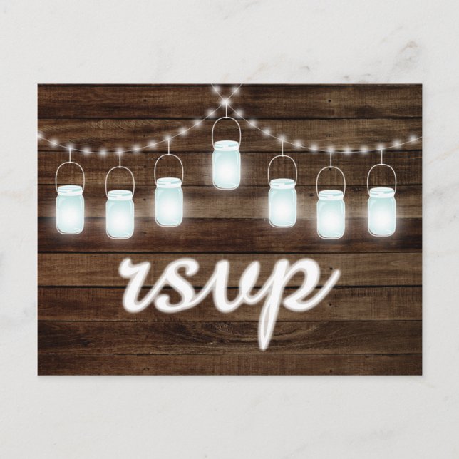 Cartão Postal De Convite Rustic Mason Jars String Lights RSVP (Frente)