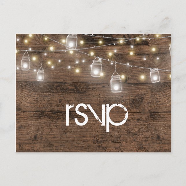 Cartão Postal De Convite Rustic Mason Lights Reception Janto RSVP Entree (Frente)
