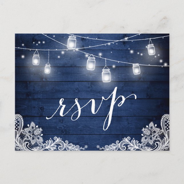 Cartão Postal De Convite Rustic Midnight Blue Mason Jar Lights RSVP de Casa (Frente)