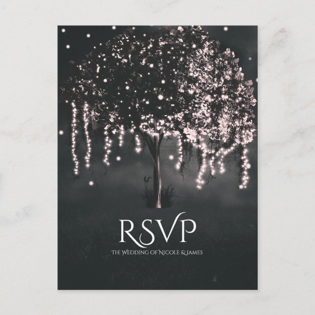 Cartão Postal De Convite Rustic Night Mossy Tree Lights Casamento RSVP (Frente)
