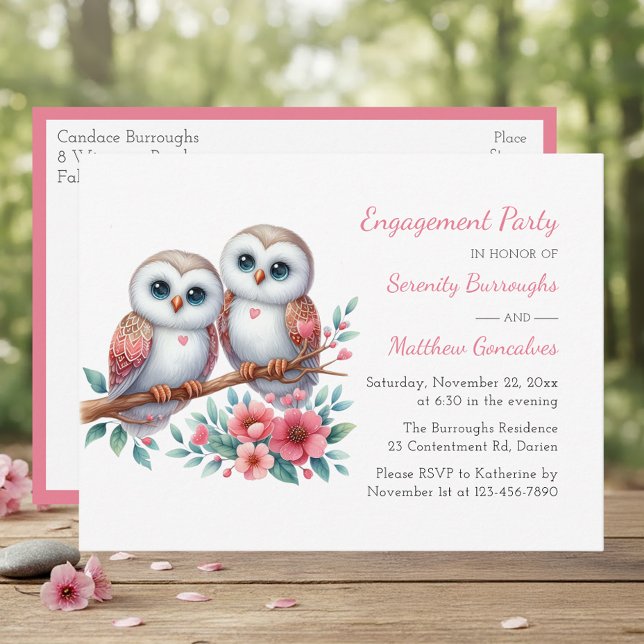 Cartão Postal De Convite Rustic Owl Couple Boho Country Engagement Party (Criador carregado)