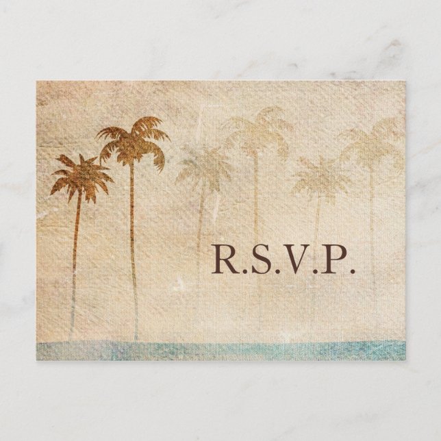 Cartão Postal De Convite Rustic Palm Trees Beach Wedding rsvp (Frente)