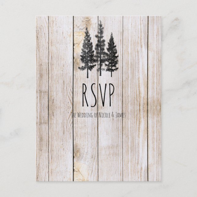 Cartão Postal De Convite Rustic Pine Trees Wooden Simple Wedding RSVP (Frente)