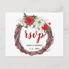 Cartão Postal De Convite Rustic Poinsettia Winter Foliage Pine cone rsvp