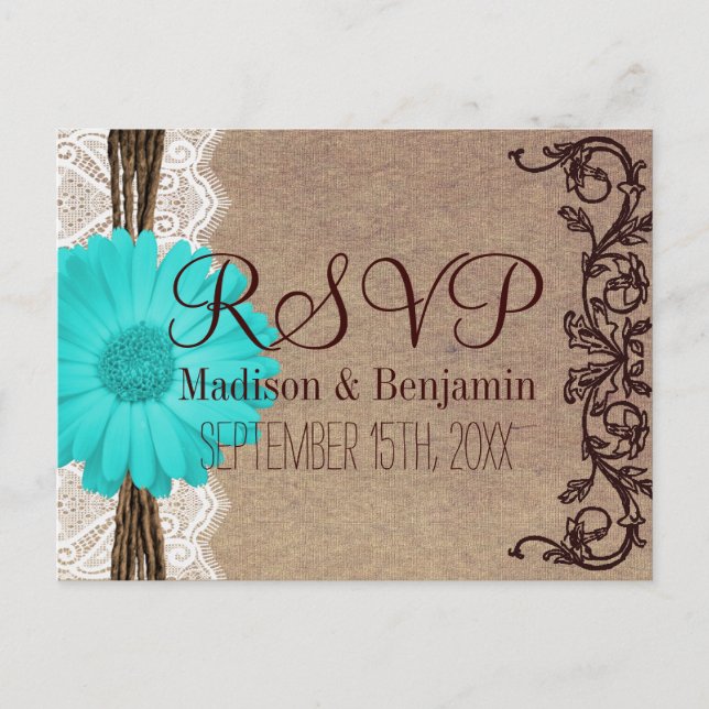 Cartão Postal De Convite Rustic Teal Gerber Daisy Lace RSVP POSTCARDS (Frente)