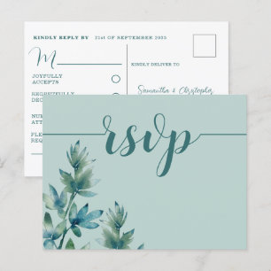 Cartão Postal De Convite Rustic Teal Watercolor Foliage RSVP