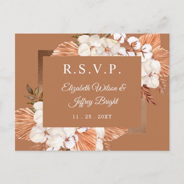 Cartão Postal De Convite Rustic Terracotta Boho Pampas Orchids RSVP (Frente)