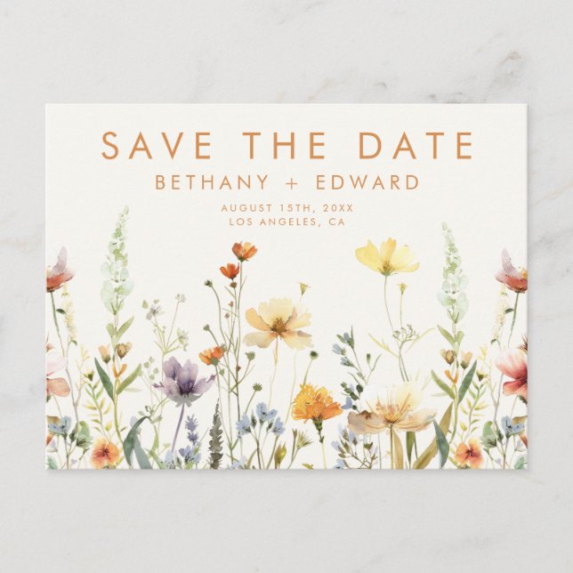 Cartão Postal De Convite Rustic Wildflower Weding Save the Date Postcard (Frente)