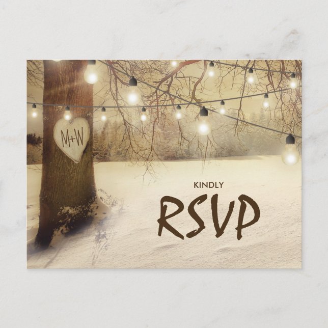 Cartão Postal De Convite Rustic Winter Tree Twinkle Lights Weding RSVP (Frente)