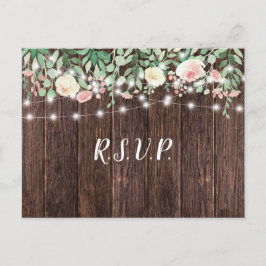 Cartão Postal De Convite Rustic Wood Blush Floral Lights casamento rsvp