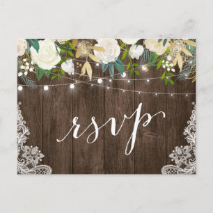 Cartão Postal De Convite Rustic Wood Floral Lace String Luzes de Casamento 